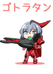  blue_eyes blue_hair chibi commentary crossover female gotland_(kancolle) gottrlatan gundam hair_between_eyes highres kamelie kantai_collection mecha mecha_musume name_connection open_mouth robot simple_background solo sweat translated victory_gundam weapon white_background zanscare 