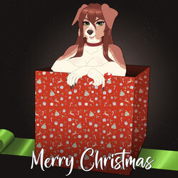  1:1 2022 5_fingers anthro australian_shepherd bare_shoulders big_breasts black_nose box breasts brown_body brown_fur brown_hair candy candy_cane canid canine canis christmas collar container dessert domestic_dog english_text female fingers food fur gift_box green_eyes hair herding_dog hi_res holidays in_box in_container looking_at_viewer mammal mckaylah multicolored_body multicolored_fur pastoral_dog pregoo sheepdog sitting_in_box smile solo text two_tone_body two_tone_fur white_body white_fur 