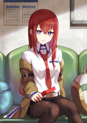  absurdres belt black_pantyhose black_shorts blue_eyes brown_hair brown_jacket cellphone commentary_request couch dress_shirt feet_out_of_frame female flip_phone hair_between_eyes highres holding holding_phone jacket long_hair looking_at_viewer loose_necktie makise_kurisu necktie off_shoulder on_couch pantyhose pantyhose_under_shorts parted_lips phone red_hair red_necktie shakkiyi shiny_clothes shiny_legwear shirt short_shorts shorts sitting solo steins;gate upa_(steins;gate) white_shirt 