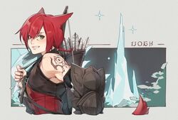  1boy animal_ears archon_mark arm_tattoo armor arrow_(projectile) bare_shoulders blush bow_(weapon) cat_boy commentary crow0cc crystal crystal_tower_(ff14) final_fantasy final_fantasy_xiv g&#039;raha_tia glowing green_eyes highres male_focus miqo&#039;te parted_lips ponytail quiver red_hair smile solo sparkle tail tattoo tree weapon weapon_on_back 