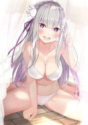  adjusting_hair arm_support bare_arms bare_shoulders bikini blush breasts cleavage collarbone commentary_request emilia_(re:zero) female flower grey_hair hair_flower hair_ornament halterneck hand_in_own_hair highres large_breasts long_hair looking_at_viewer navel purple_eyes purple_ribbon re:zero_kara_hajimeru_isekai_seikatsu ribbon sitting smile solo spread_legs stomach string_bikini swimsuit teeth tomaco upper_teeth_only wariza white_bikini white_flower x_hair_ornament 