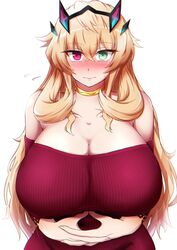  bare_shoulders barghest_(fate) barghest_(like_a_lady)_(fate) blonde_hair breasts cleavage closed_mouth collarbone fate/grand_order fate_(series) female green_eyes heterochromia highres horns huge_breasts jewelry long_hair long_sleeves looking_at_viewer neck_ring off-shoulder_shirt off_shoulder red_eyes red_shirt shirt solo sotomichi straight-on 