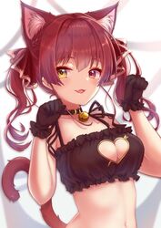  animal_ears blush breasts cat_cutout cat_ears cat_lingerie cleavage cleavage_cutout clothing_cutout female heterochromia highres hololive houshou_marine large_breasts long_hair looking_at_viewer meme_attire mihanada_kanata navel paw_pose red_eyes red_hair ribbon smile solo twintails underwear virtual_youtuber yellow_eyes 