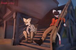  absurd_res anthro canid canine clothed clothing duo felid feline fennec_fox fox fully_clothed hi_res iwondery lucky_(iwondery) male mammal serval skinny slim sunset true_fox 