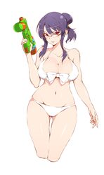  arm_at_side ass_visible_through_thighs bare_arms bare_shoulders bikini bow breasts cleavage collarbone commentary_request cropped_legs female front-tie_bikini_top front-tie_top glasses highres holding holding_water_gun k-kun large_breasts long_hair looking_at_viewer mixed-language_commentary mole mole_on_breast navel one_side_up over-rim_eyewear parted_lips purple_hair red-framed_eyewear red_eyes rin_(senran_kagura) semi-rimless_eyewear senran_kagura sidelocks simple_background smile solo stomach swimsuit thigh_gap water_gun white_background white_bow 