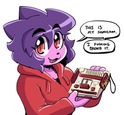  2022 4_fingers anaugi anthro clothed clothing cute_fangs dialogue domestic_cat english_text famicom famicom_console famicom_controller felid feline felis female fingers fur hair hi_res holding_object hoodie looking_at_viewer mammal nintendo open_mouth open_smile penny_(anaugi) pink_body pink_fur purple_hair red_eyes short_hair simple_background smile solo speech_bubble talking_to_viewer text topwear white_background 