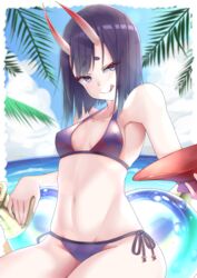  absurdres alcohol bare_shoulders beach bikini blue_sky blush bob_cut breasts closed_mouth collarbone cup day eyeliner fate/grand_order fate_(series) female gourd highres horns licking_lips looking_at_viewer makeup navel oni outdoors palm_tree purple_bikini purple_eyes purple_hair ruga_(orage38) sakazuki sake short_eyebrows short_hair shuten_douji_(fate) side-tie_bikini_bottom sitting skin-covered_horns sky small_breasts smile solo sunlight swimsuit thighs tongue tongue_out tree 