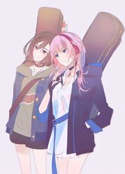  2girls bad_id bad_twitter_id black_shorts blue_eyes blue_jacket brown_eyes brown_hair carrying carrying_over_shoulder choker commentary cowboy_shot denim denim_jacket green_hoodie grin guitar_case hand_in_pocket head_tilt headphones highres hood hooded_jacket hoodie instrument_case jacket long_hair megurine_luka meiko_(vocaloid) miniskirt mouth_hold multiple_girls nayakiro pendant_choker phenny_(project_sekai) pink_hair pleated_skirt project_sekai shirt short_hair shorts side-by-side skirt smile standing toothpick vocaloid white_shirt white_skirt 