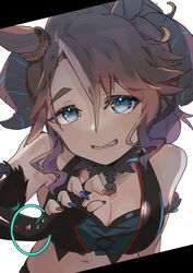  animal_ears asymmetrical_bangs bare_shoulders black_gloves black_shirt breasts brown_hair cleavage cleavage_cutout clothing_cutout crop_top elbow_gloves female fingerless_gloves gloves green_eyes hand_up highres horns horse_ears horse_girl long_hair looking_at_viewer mejiro_palmer_(devil_in_the_moonlight)_(umamusume) mejiro_palmer_(umamusume) midriff motoaki multicolored_nails navel official_alternate_costume photoshop_(medium) ponytail shirt sleeveless sleeveless_shirt smile solo teeth umamusume upper_body 