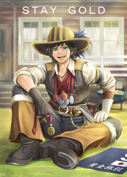  1boy arm_wrap armband asymmetrical_gloves bad_id bad_pixiv_id black_hair boots brown_gloves chains character_name chinese_text clip_studio_paint_(medium) cowboy_boots cowboy_hat fingerless_gloves gloves gold_chain green_eyes hat highres horseshoe leather leather_belt leather_gloves leather_vest looking_at_viewer male_focus medal mismatched_gloves personification shamakho sleeves_rolled_up solo stay_gold_(racehorse) umabi white_gloves 