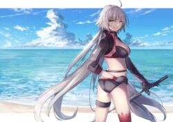  ;q ahoge ass bikini black_bikini black_gloves blue_sky breasts commentary_request cowboy_shot day fate/grand_order fate_(series) female flat_ass gloves highres holding holding_sword holding_weapon jeanne_d&#039;arc_alter_(fate) jeanne_d&#039;arc_alter_(swimsuit_berserker)_(fate) large_breasts left-handed long_hair long_sleeves ocean one_eye_closed outdoors red_thighhighs reverse_grip shrug_(clothing) single_thighhigh sky smile solo standing swimsuit sword thigh_strap thighhighs thighs thkani tongue tongue_out very_long_hair water weapon white_hair yellow_eyes 