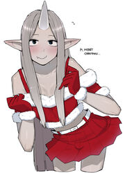  bare_shoulders belt blush breasts bulge cleavage commentary crop_top cropped_legs dress english_text female fur_trim futanari gloves hands_up hat horns long_hair looking_at_viewer merry_christmas midriff miniskirt oerba_yun_fang off-shoulder_shirt off_shoulder ohasi oni_(ohasi) original pleated_skirt pointy_ears red_gloves red_shirt red_skirt santa_dress santa_hat shirt short_sleeves simple_background single_horn skin_fang skirt solo straight_hair symbol-only_commentary very_long_hair wavy_mouth white_background white_belt 