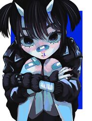  bandaid bandaid_on_face bandaid_on_knee bandaid_on_leg bandaid_on_nose bare_legs black_eyes black_hair black_jacket black_nails blood blue_background blue_blood border closed_mouth cuts ear_piercing feet_out_of_frame female highres horns hugging_own_legs injury jacket looking_at_viewer nail_polish nosebleed original outside_border piercing self-harm short_hair short_twintails simple_background sleeves_past_elbows solo squatting twintails urokogaran white_border 