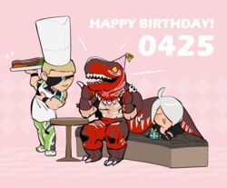  2boys :d ahoge angel_(kof) blonde_hair blush_stickers chef_hat chibi closed_eyes dated dinosaur_boy dinosaur_costume english_text eyepatch female food fork hair_over_one_eye happy_birthday hat holding holding_fork holding_plate king_of_dinosaurs knife multiple_boys muscular muscular_male open_mouth party_hat plate ramon_(kof) sharp_teeth sitting smile snk standing steak teeth the_king_of_fighters the_king_of_fighters_xiv white_hair yaka_(kk1177) 