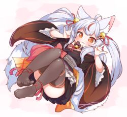  :3 ahoge animal_ear_fluff animal_ears babalilo bell belt_collar black_thighhighs collar double_fox_shadow_puppet female fox_shadow_puppet hair_bell hair_ornament highres indie_virtual_youtuber japanese_clothes kamiko_kana long_hair neck_bell oerba_yun_fang orange_eyes simple_background solo tail thick_eyebrows thighhighs twintails virtual_youtuber white_hair 