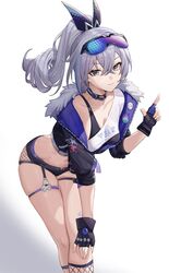  bent_over black_gloves black_jacket black_shorts bow breasts cbmus collarbone commentary crossed_bangs female finger_gun fingerless_gloves fur-trimmed_jacket fur_trim gloves goggles goggles_on_head grey_eyes grey_hair hairbow high_ponytail highres honkai:_star_rail honkai_(series) jacket long_hair looking_at_viewer midriff navel shirt short_shorts shorts silver_wolf_(honkai:_star_rail) simple_background single-shoulder_shirt single_strap skindentation small_breasts smile solo thigh_strap white_background 