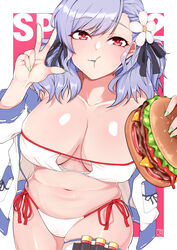  :t absurdres asymmetrical_bangs bare_shoulders belly bikini black_ribbon breasts burger character_name chewing cleavage collarbone commentary cowboy_shot curvy eating english_commentary eyepatch_bikini female flower food girls&#039;_frontline grey_hair hair_flower hair_ornament hair_ribbon highres holding holding_food jacket large_breasts looking_at_viewer nail_polish navel nello_kun off_shoulder official_alternate_costume open_clothes open_jacket plump red_eyes ribbon shiny_skin short_twintails side-tie_bikini_bottom signature skindentation solo spas-12_(girls&#039;_frontline) spas-12_(midsummer_fruit)_(girls&#039;_frontline) strapless strapless_bikini swimsuit thick_thighs thigh_strap thighs twintails wide_hips 