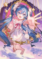  :d absurdres ahoge animal aqua_eyes aqua_hair arm_up bare_arms bare_legs bare_shoulders barefoot collarbone commentary_request dress earrings female from_above full_body glint hair_ornament hatsune_miku highres jewelry light_blush long_hair looking_at_viewer nemari_(user_wtca7244) open_mouth outstretched_hand pink_ribbon rabbit ribbon sitting sleeveless sleeveless_dress smile star_(symbol) star_earrings strapless strapless_dress symbol-shaped_pupils twintails very_long_hair vocaloid white_dress 