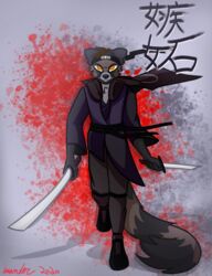  absurd_res anthro asian_clothing brown_body brown_fur canid canine cape cjk_character clothing dagger east_asian_clothing envy fluffy fluffy_tail fur grey_body grey_fur hi_res humanoid iwondery japanese_clothing male mammal manly melee_weapon raccoon_dog robe samurai slim solo sword tail tanuki warrior weapon yellow_eyes 