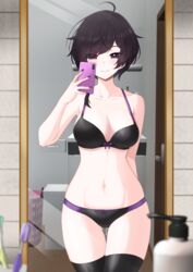  absurdres ahoge armpits ass_visible_through_thighs bare_arms bare_shoulders black_bra black_hair black_nails black_panties black_thighhighs bra breasts cellphone cleavage closed_mouth collarbone cowboy_shot female hand_up highres holding holding_phone kometa_virtual_live large_breasts lazycoffee_(wyen_iscordo) looking_at_viewer miria_(kometa_virtual_live) mirror nail_polish navel panties phone purple_eyes reflection selfie short_hair skindentation smartphone smile solo standing stomach thigh_gap thighhighs thighs underwear underwear_only virtual_youtuber 