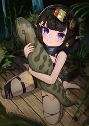  absurdres aged_down arknights barefoot black_hair blue_eyes english_commentary eunectes_(arknights) female flareza flower forest goggles goggles_on_head hair_flower hair_ornament highres nature plant pointy_ears sitting smile snake_tail solo stuffed_animal stuffed_snake stuffed_toy tail thigh_strap thighs torn_clothes torn_legwear tsuchinoko wariza wooden_floor 