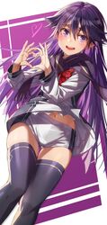  black_thighhighs blush bow commentary_request feet_out_of_frame female highres jacket kuroki_rei long_hair long_sleeves michairu navel open_mouth purple_background purple_eyes purple_hair red_bow scarf school_uniform serafuku short_shorts shorts smile solo standing teeth thighhighs thighs upper_teeth_only vividred_operation 