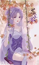  bare_shoulders china_dress chinese_clothes collarbone dress female hair_bun highres leaf purple_dress purple_eyes purple_hair purple_nails qinshi_mingyue single_hair_bun smile swing_set zi_nu_(qinshi_mingyue) zi_nu_zhuye_jun 