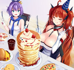  2girls :q azur_lane bare_shoulders black_ribbon blush breasts cleavage closed_eyes collarbone crown cup eating elbow_gloves food food_on_face fork fruit gloves green_eyes hair_between_eyes hair_ornament hair_ribbon hat highres holding holding_fork holding_knife honolulu_(azur_lane) irohara javelin_(azur_lane) knife large_breasts long_hair manjuu_(azur_lane) mini_crown multiple_girls open_mouth pancake pizza plate purple_hair red_hair ribbon sitting smile souffle_pancake strawberry table tongue tongue_out too_many_pancakes twintails very_long_hair 