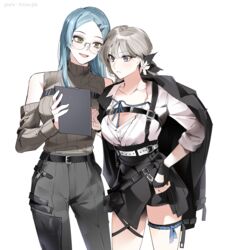  2girls absurdres apc556_(girls&#039;_frontline) belt bike_shorts bike_shorts_under_skirt black_gloves black_jacket black_pants black_shorts black_skirt blue_eyes blue_hair breasts cleavage clipboard collarbone commission cowboy_shot fingerless_gloves fresa_pie girls&#039;_frontline glasses gloves green_eyes grey_hair hair_ornament hairclip highres holding holding_clipboard jacket jacket_on_shoulders large_breasts light_blue_hair long_hair multiple_girls nele_(girls&#039;_frontline) pants pixiv_commission pixiv_username shirt shorts shorts_under_skirt simple_background skirt smile white_background white_shirt 