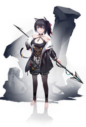  .l.l :d absurdres animal_ear_fluff animal_ears bare_shoulders black_hair black_jacket black_pantyhose black_shorts breasts cat_ears cat_girl cat_tail cleavage cleavage_cutout clothing_cutout collarbone eyebrows_hidden_by_hair female full_body hair_between_eyes hair_ribbon hand_on_own_hip highres holding holding_polearm holding_weapon jacket long_sleeves md5_mismatch medium_breasts no_shoes off_shoulder one_side_up open_mouth original pantyhose polearm puffy_long_sleeves puffy_sleeves red_ribbon reflection revision ribbon short_shorts shorts smile solo spear standing stirrup_legwear tail teeth toeless_legwear upper_teeth_only v-shaped_eyebrows weapon white_background 