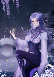  absurdres bridge china_dress chinese_clothes dress female hair_bun highres lan_zi_qiqi mature_female needle night night_sky purple_dress purple_eyes purple_hair qinshi_mingyue single_hair_bun sky thighhighs zi_nu_(qinshi_mingyue) 