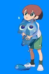  black_eyes blue_background brown_hair copyright_request female green_shorts green_socks long_sleeves shirt shoes short_hair shorts simple_background socks solo take_(illustrator) transparent white_footwear white_shirt 