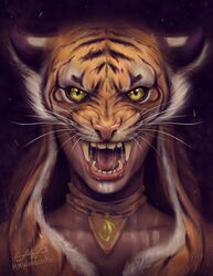  ambiguous_gender animal_skin bodily_fluids fangs felid fur green_eyes human jewelry looking_at_viewer mammal mmwoodcock necklace open_mouth orange_body orange_fur pantherine pink_nose saliva snarling solo striped_body striped_fur stripes teeth tiger transformation whiskers 