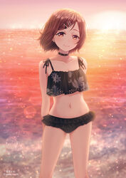  arms_behind_back bikini black_bikini black_ribbon breasts brown_eyes brown_hair cleavage closed_mouth collar collarbone day earrings female frilled_bikini frills hair_ornament hairclip highres higuchi_madoka idolmaster idolmaster_shiny_colors jewelry looking_at_viewer mole mole_under_eye navel ocean outdoors print_bikini ribbon short_hair small_breasts smile solo soramame_tomu spiked_collar spikes standing swimsuit twitter_username 