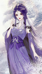  absurdres breasts building china_dress chinese_clothes closed_mouth crown dangle_headwear dress female forehead_jewel gem hair_ornament hand_up highres hong_shan_shi_ling long_hair looking_at_viewer purple_eyes purple_gemstone purple_hair qinshi_mingyue red_lips sidelocks small_breasts sparkle tree white_background zi_nu_(qinshi_mingyue) 