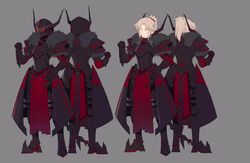  absurdres alter_servant armor breastplate clenched_hand dark_persona fate/apocrypha fate_(series) female full_armor gauntlets glowing glowing_eyes greaves grey_background hand_on_own_hip helm helmet highres looking_at_viewer mordred_(fate) mordred_(fate/apocrypha) multiple_views pauldrons shoulder_armor simple_background smirk standing tail unworn_headwear unworn_helmet vambraces yellow_eyes yorukun 