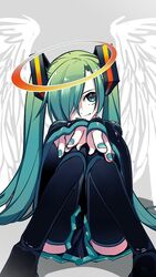  angel angel_wings aqua_eyes aqua_hair aqua_nails bad_id bad_twitter_id bare_shoulders black_skirt black_sleeves black_thighhighs commentary detached_sleeves feathered_wings female foreshortening grey_background hair_ornament hair_over_one_eye halo hatsune_miku highres knees_up long_hair looking_at_viewer machigami_yoh miniskirt nail_polish one_eye_covered outstretched_arms pleated_skirt shoulder_tattoo sideways_glance sitting skirt smile solo tattoo thighhighs twintails very_long_hair vocaloid wide_sleeves wings zettai_ryouiki 