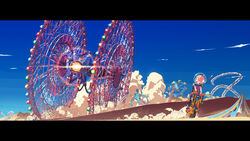  absurdres action blonde_hair blue_sky circus cloud cloudy_sky commentary day desert female ferris_wheel food green_eyes highres inaba_taiju letterboxed light looking_back motor_vehicle motorcycle open_mouth original outdoors panjandrum robot roller_coaster short_hair sky solo spacesuit 