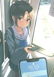  backpack bag black_legwear blue_ribbon brown_eyes brown_hair burenbo cellphone check_translation emoji female highres holding holding_photo ios_(os) line_(naver) looking_at_viewer original pantyhose phone photo_(object) ponytail pov ribbon school_uniform serafuku smartphone train_interior translation_request uniform window 