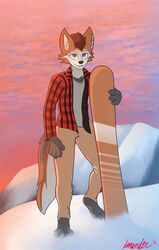  3_toes absurd_res anthro barefoot blue_eyes brown_body brown_fur brown_hair canid chief clothing digitigrade feet fluffy fluffy_tail fur hair hi_res iwondery male mammal mountain pattern_clothing plaid plaid_clothing snow snowboard snowboarding solo sunset tail toes 