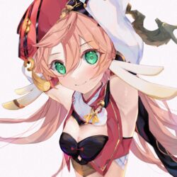  antlers armpits arms_behind_head arms_up bare_shoulders black_bra blush bra breasts cleavage crop_top detached_sleeves female genshin_impact green_eyes highres horns isuzu_(an_icy_cat) long_hair looking_at_viewer medium_breasts pink_hair red_headwear scales smile solo tassel underwear yanfei_(genshin_impact) 