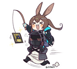  &gt;_&lt; 1other amiya_(arknights) animal_ears arknights black_footwear black_gloves black_jacket blue_legwear blush carrot_on_stick doctor_(arknights) english_commentary female fishing_rod full_body gloves hair_between_eyes headhunting_permit_(arknights) holding hood hooded_jacket jacket korean_commentary lemon_raimu long_sleeves on_head open_clothes open_jacket rabbit_ears running shirt smile star_(symbol) twitter_username white_shirt 