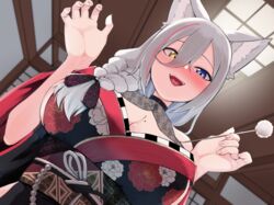  :d animal_ears bare_shoulders blue_eyes braid breasts cleavage dutch_angle female floral_print grey_hair hair_between_eyes heterochromia highres houmatu_awa japanese_clothes kemomimi_refle! kimono long_hair looking_at_viewer mimikaki mole mole_on_breast open_mouth ronomiya_hinagiku sash smile solo teeth tongue virtual_youtuber wolf_ears yellow_eyes 