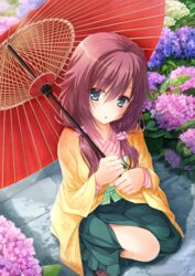  :o aqua_eyes blue_flower blush chaamii cherry_blossom_print clenched_hands commentary_request eyelashes female floral_print flower frilled_skirt frills from_above full_body garden green_skirt hair_between_eyes hair_ornament hair_scrunchie head_tilt highres holding holding_umbrella japanese_clothes kimono leaf long_hair looking_at_viewer low_twintails maniwa_roka mole mole_under_eye oil-paper_umbrella on_one_knee path pink_flower pink_kimono pink_scrunchie pinstripe_kimono red_hair red_umbrella scrunchie senren_banka sidelocks signature skirt solo twintails umbrella yellow_kimono 