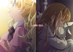  2girls athanasia_de_alger_obelia black_bow black_bowtie blonde_hair blue_eyes blush bow bowtie brown_hair covered_mouth crying dress english_text eoneu_nal_gongjuga_doeeobeoryeotda from_side gradient_background highres hugging_object jennette_margarita juliet_sleeves lolicon long_hair long_sleeves mnt19960718 multiple_girls on_bed open_mouth ponytail profile puffy_sleeves sad sitting sleepwear sobbing straight_hair streaming_tears stuffed_animal stuffed_rabbit stuffed_toy tears upper_body white_dress 