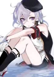  absurdres armband armpit_crease azur_lane beret black_hat black_socks commentary_request cross expressionless feet_out_of_frame female gloves hair_between_eyes hat highres iron_cross knees_up looking_at_viewer purple_eyes short_shorts shorts signature sitting sleeveless socks solo tkmkm75 twitter_username vest white_gloves white_hair z1_leberecht_maass_(azur_lane) 