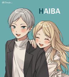  1boy :d ^_^ age_difference alternate_costume artist_name bad_id bad_twitter_id black_jacket blonde_hair blue_background blush brother_and_sister character_name closed_eyes clunch female green_eyes grey_hair haiba_arisa haiba_lev haikyuu!! happy hug hug_from_behind jacket long_hair long_sleeves looking_at_viewer open_clothes open_jacket open_mouth short_hair siblings simple_background smile standing suit_jacket sweater turtleneck turtleneck_sweater upper_body white_sweater 