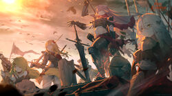  5girls abs armor aug_(girls&#039;_frontline) aug_(requiem_array)_(girls&#039;_frontline) bird blonde_hair blurry boots breastplate cape collar copyright_name depth_of_field dusk embers gauntlets girls&#039;_frontline green_hair gun hair_ornament hand_on_hilt helmet highres knight long_hair low-tied_long_hair m1897_(girls&#039;_frontline) m1897_(sentinel_of_the_sky)_(girls&#039;_frontline) machine_gun medieval midriff mk48 mk48_(girls&#039;_frontline) mk48_(gunsmoke_decree)_(girls&#039;_frontline) mosin-nagant_(blade_of_white_steel)_(girls&#039;_frontline) mosin-nagant_(girls&#039;_frontline) multiple_girls navel ntw-20_(girls&#039;_frontline) ntw-20_(heart_of_dark_iron)_(girls&#039;_frontline) official_alternate_costume official_art outdoors over_shoulder pink_hair polearm sash sidelocks spear standing sword weapon weapon_over_shoulder wind zweihander 