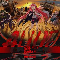  4girls alty_(arknights) arknights aya_(arknights) bass_guitar blonde_hair dan_(arknights) drum drumsticks frost_(arknights) green_hair horn_speaker instrument lightning_bolt_symbol microphone multiple_girls official_art red_eyes red_hair road_sign sign source_request speaker sunset television yellow_eyes 