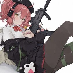  ahoge bad_id bad_twitter_id beret black_hat black_jacket black_pantyhose black_skirt blush bow bowtie brown_eyes candy commentary female food girls&#039;_frontline gun h&amp;k_mp7 hair_bobbles hair_ornament hat headphones highres holding holding_candy holding_food holding_gun holding_lollipop holding_weapon jacket lollipop mp7_(girls&#039;_frontline) nail_polish off_shoulder one_side_up pantyhose pink_nails pleated_skirt red_bow red_bowtie red_hair rippootai shirt simple_background skirt solo submachine_gun weapon white_background white_shirt 